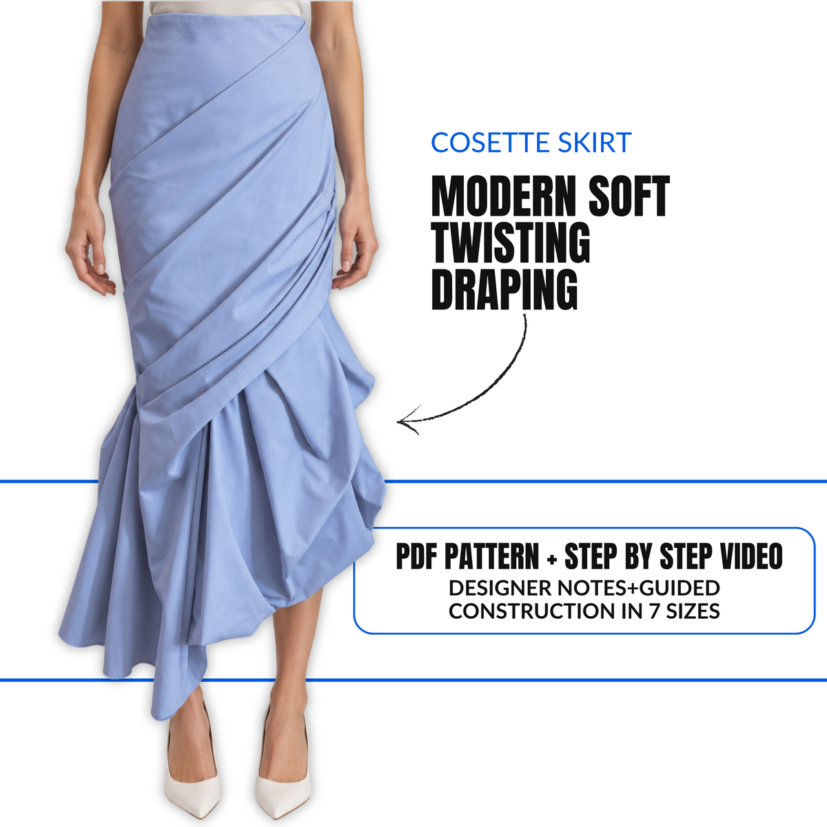 'Cosette' Skirt PDF Sewing Pattern and Video Tutorial in 7 sizes