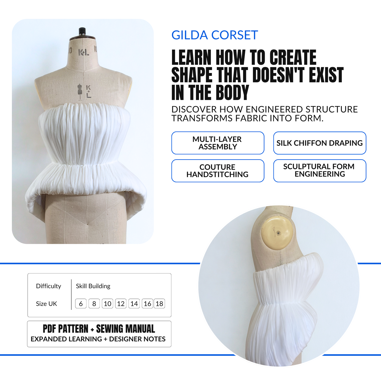 'Gilda' Sculpted Corset PDF Sewing Pattern and Sewing Instructions in 7 sizes