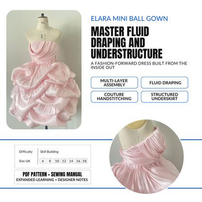 'Elara' Couture Draped Mini Dress PDF Sewing Pattern,Sewing Instructions and Draping Tutorial