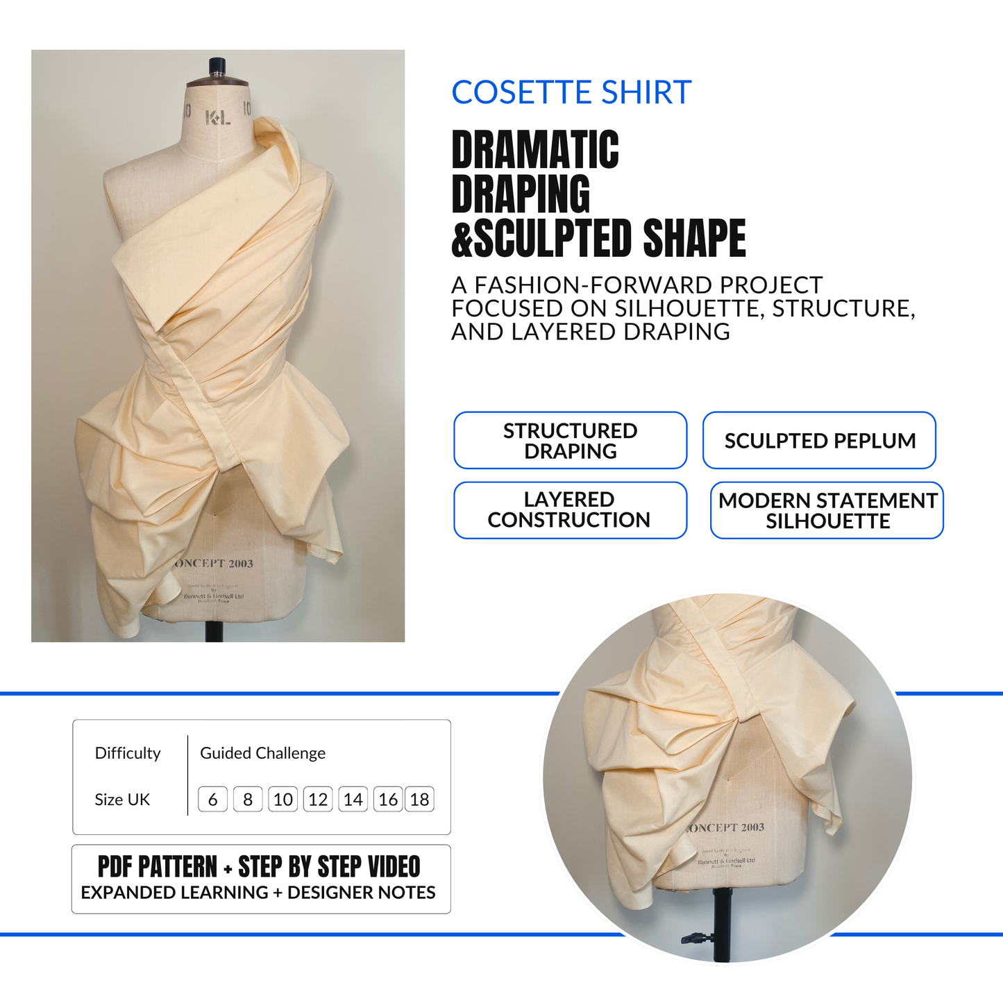 'Cosette' Shirt PDF Sewing Pattern and Video Tutorial in 7 sizes